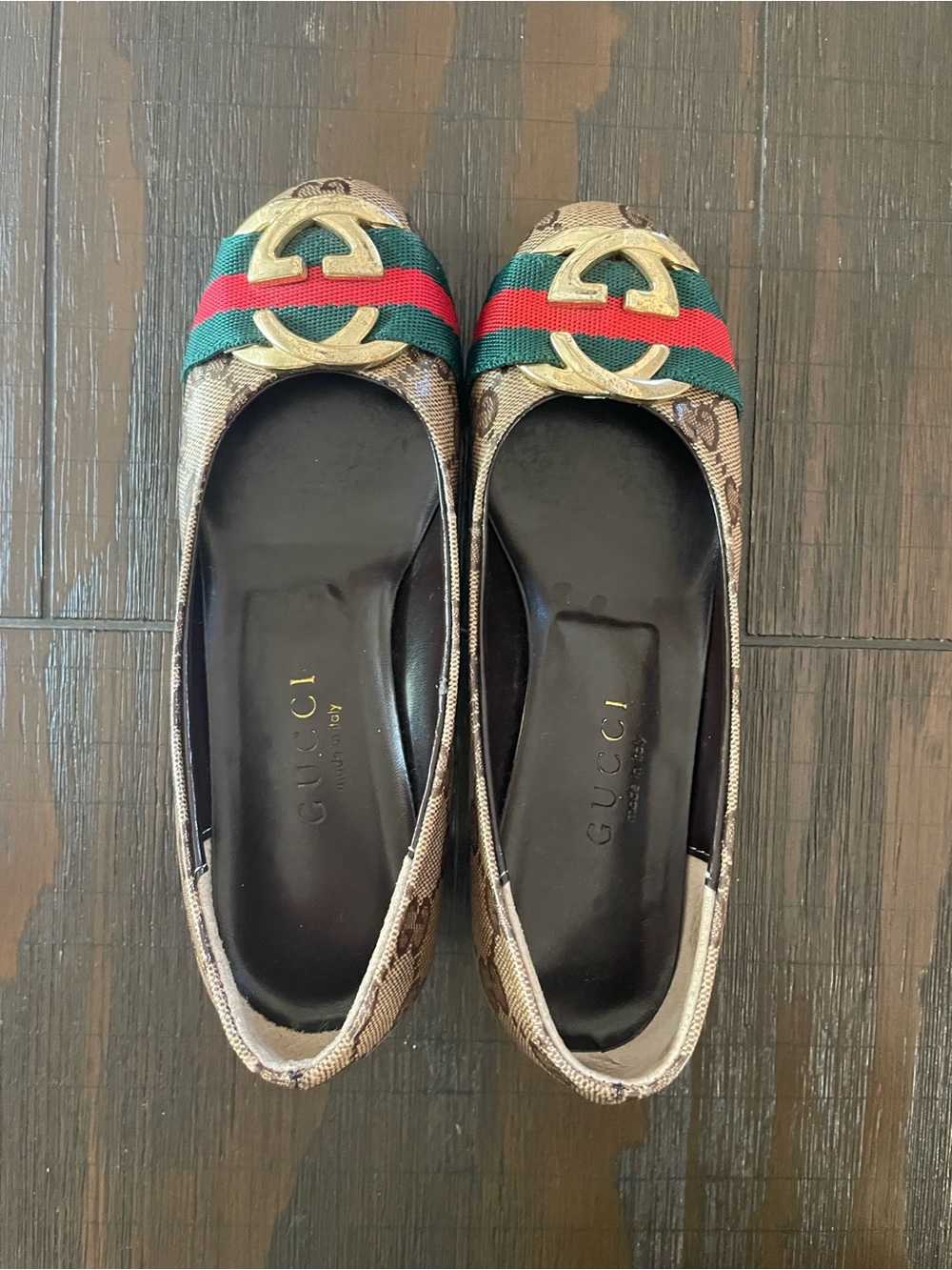 Gucci Brown Monogram Pumps with Green-Red Web and Gold Accent